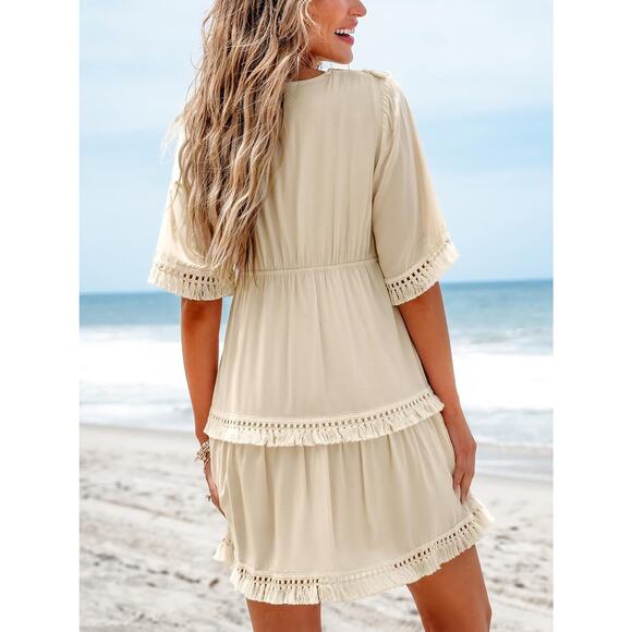 NWT Cupshe Boho Tassel Mini Dress M Beige V-Neck Embellished Lined Beach Coverup - Picture 2 of 12